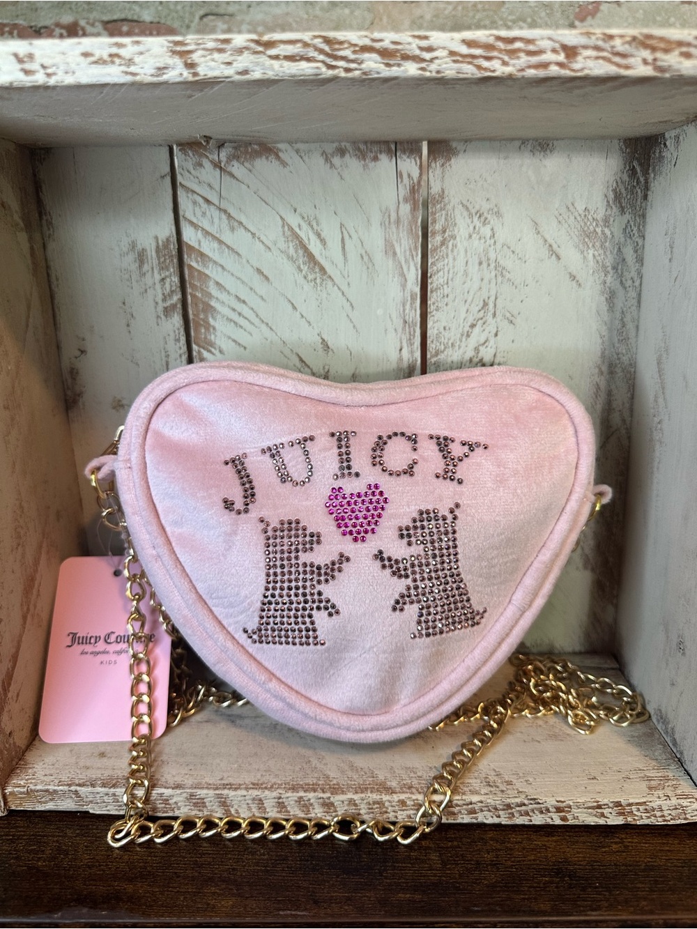 NWT Juicy Couture Kids Pink Velvet Heart Crossbody Bag – Rhinestone Detail